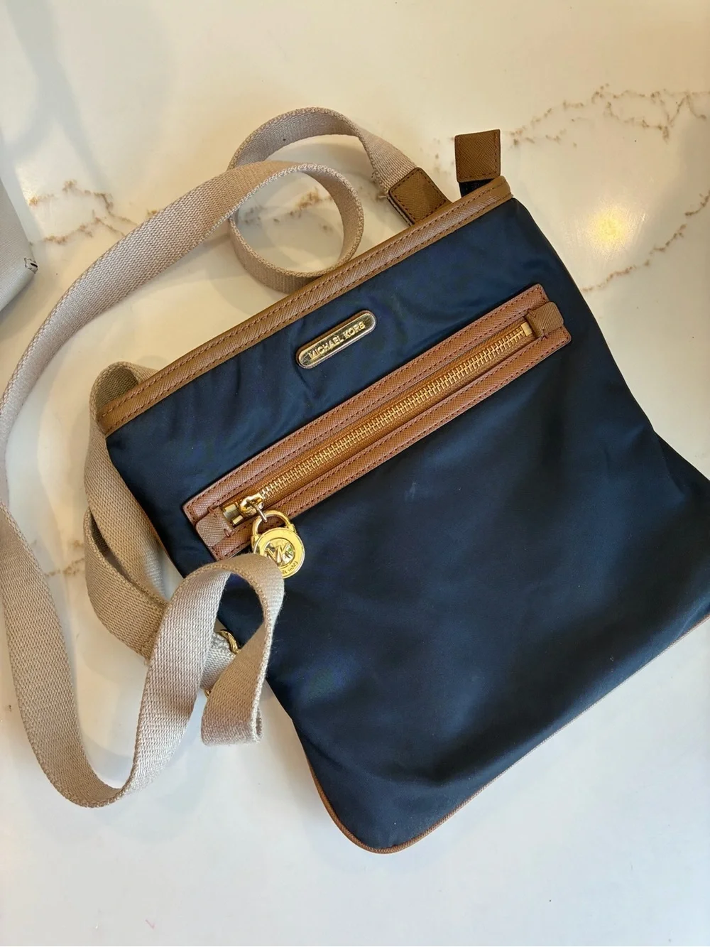 Michael Kors navy blue Nylon Crossbody with Tan Leather Trim and Gold Hardware